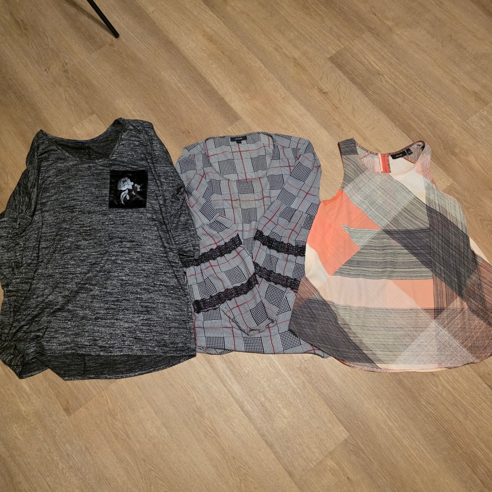 Women Apt 9 & Alfani Top Bundle XL Greyโ Space Dye Plaid Lace Geometric 3pc Lot